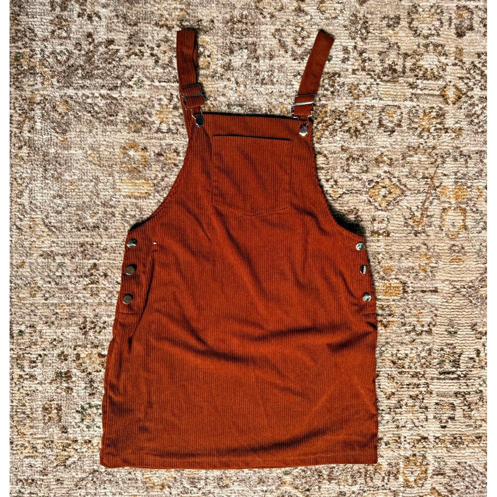 SHEIN Brown Ribbed Square Neck Overall Dress Adjustable Button Strap Juniors L